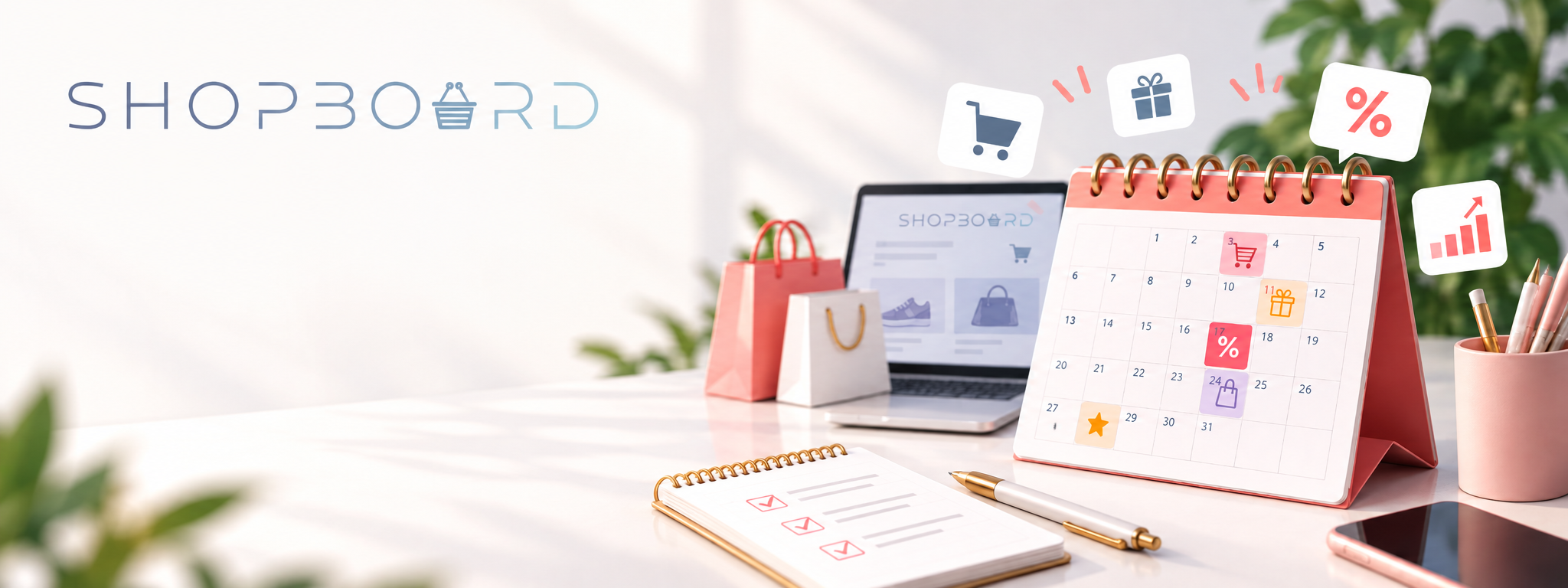 Kalendarz promocji Shopboard 2026/2027: biurko z kalendarzem, laptopem i torbami zakupowymi